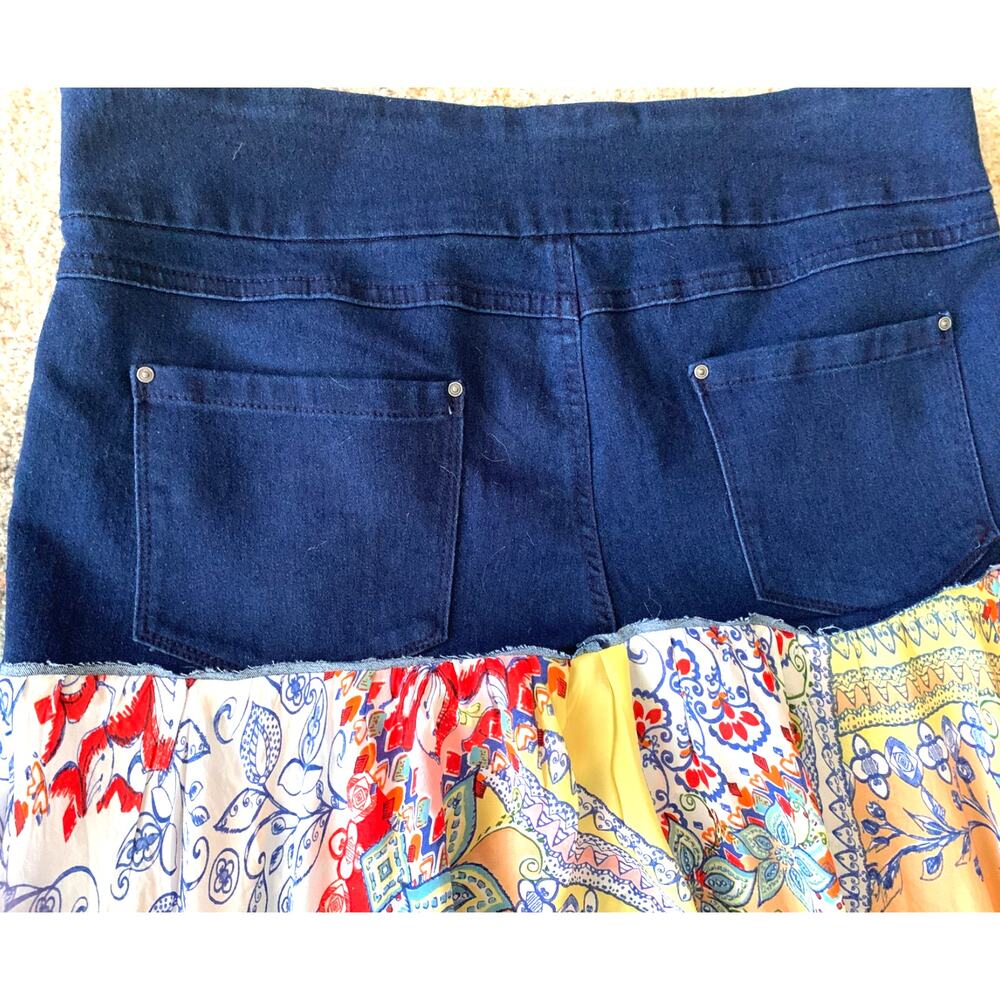 Upcycled Jean top Skirt Hi-Lo Hem Paisley Floral Rolled Hem Stretch Waist 12-14 - Picture 7 of 7